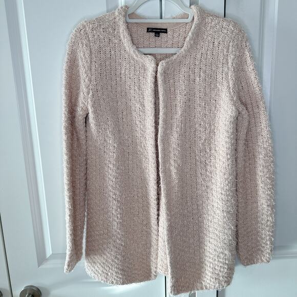 ADRIANNA PAPELL Blush Pink Open Front Clasp Fuzzy Knit Cardigan Sweater | Large - Picture 1 of 9